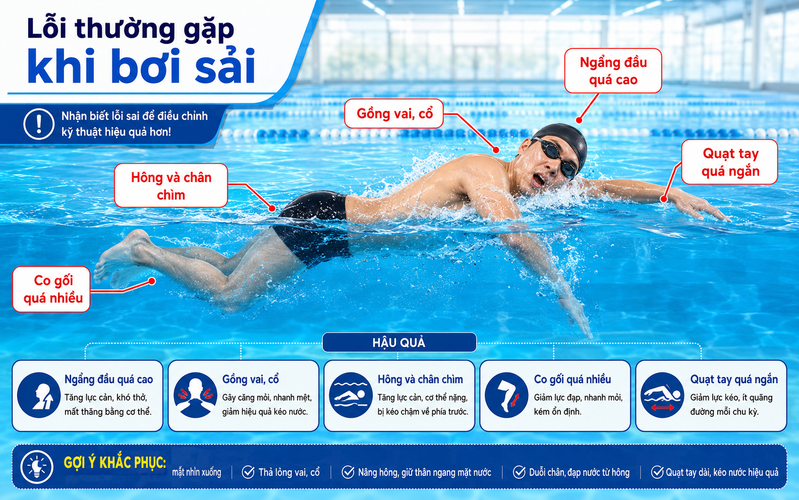Nhận biết các lỗi thường gặp giúp người mới sửa kỹ thuật sớm và bơi sải nhẹ nhàng hơn. 
